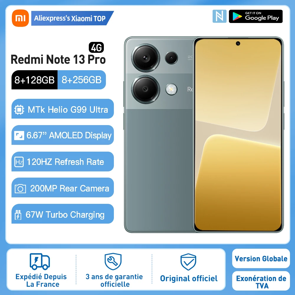 Xiaomi Redmi Note 13 Pro 4G, Smartphone, NFC, Global Version, 256/512GB, Mediatek Helio G99 Ultra, 6.67 