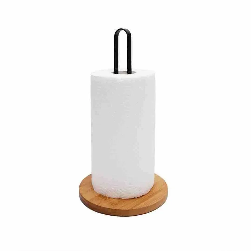 Wood Paper Towel Holder, Black Paper Towel Holder Countertop, Kitchen Towel Holder Free-Standing with Non-Slip Wooden Bas