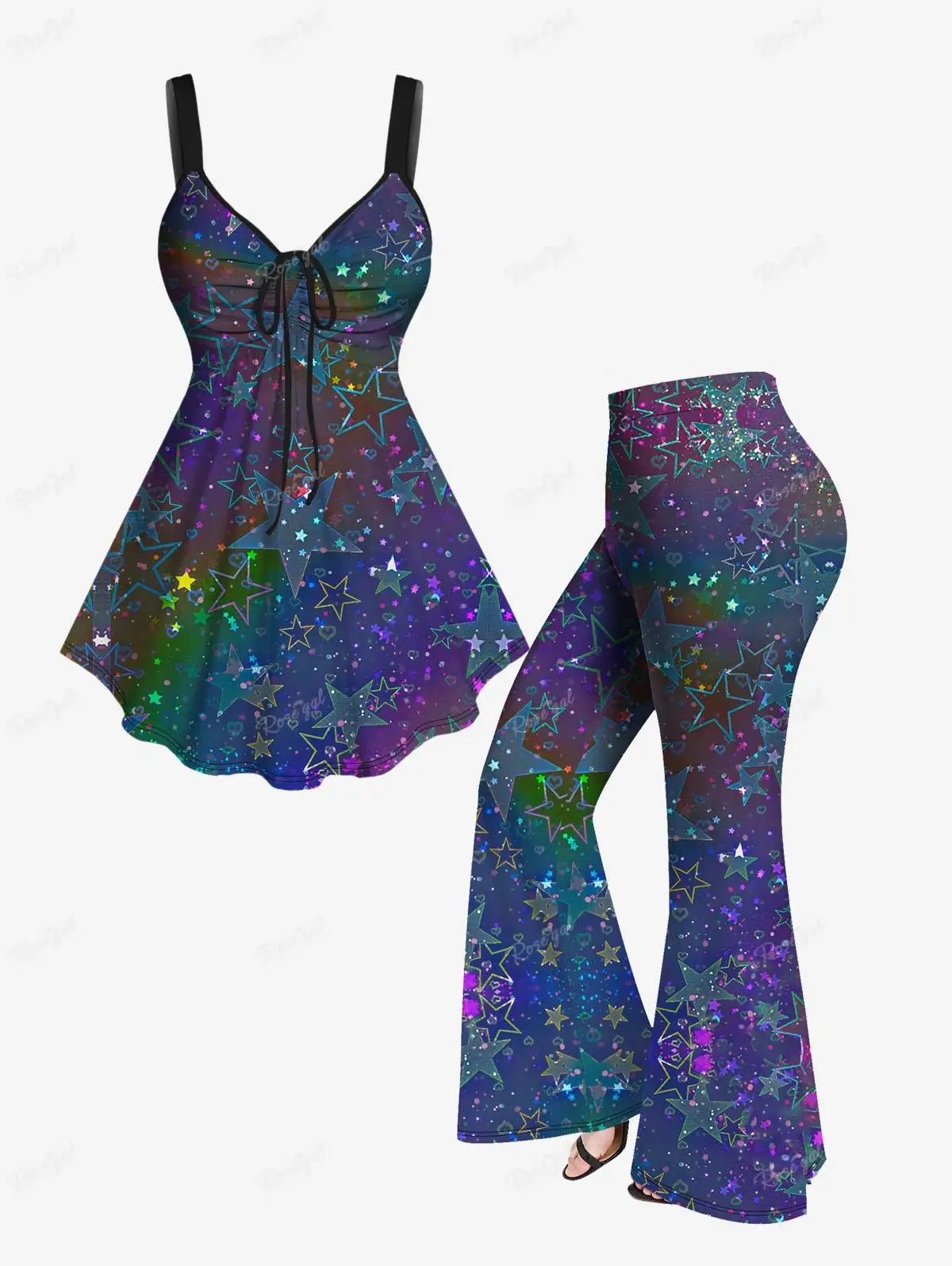 Marszczone gwiazdowe serce brokatowa z nadrukiem podkoszulek lub spodnie Flare Plus Size pasujący zestaw casualwear dla kobiet stroje