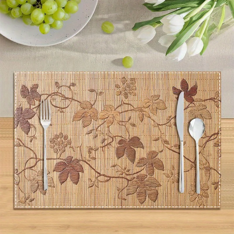 Bamboo Leaves Grape Vine Heat Resistant Washable Table Placemats Kitchen Dining Decor 4 Piece Set