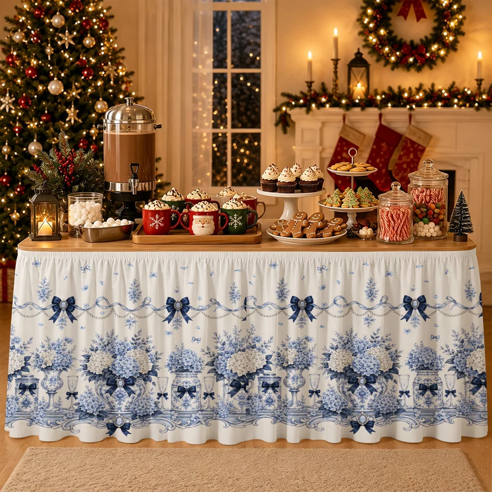Coquettish table skirt with blue tight tie for potted tea, potted tea party decoration