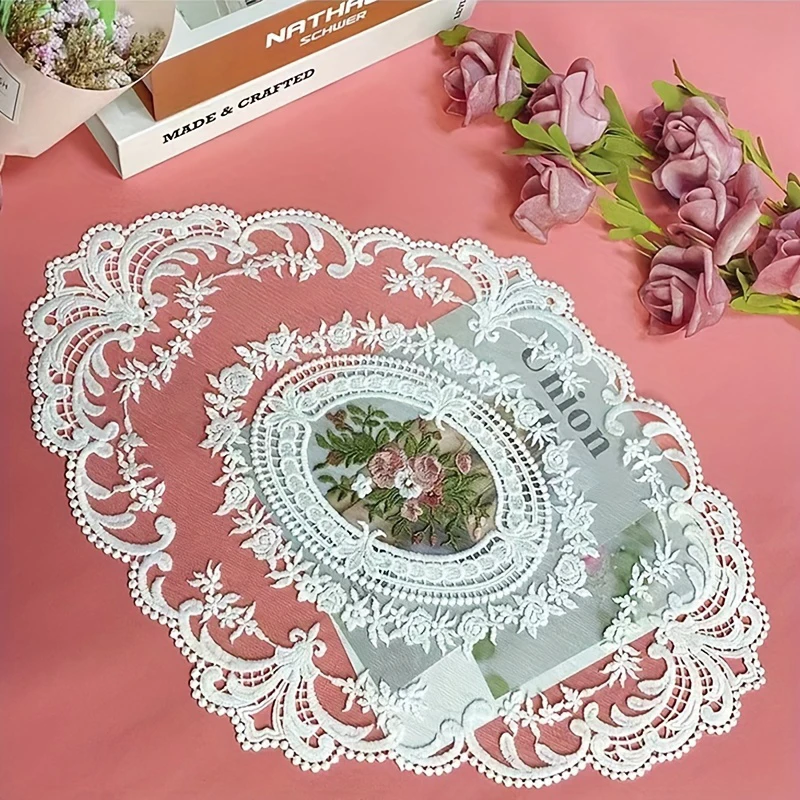 1pc Mesh Flower Embroidered Oval Placemat Retro Lace Coaster Cup Table Mat Party Christmas Tablecloth Dinner Kitchen Table Decor