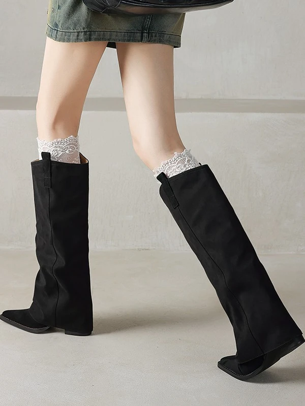 Brown Versatile Chunky Heel Long Boots Women's 2026 New Retro Pointed Toe Western Boots Large Tube Pants Boot High Top