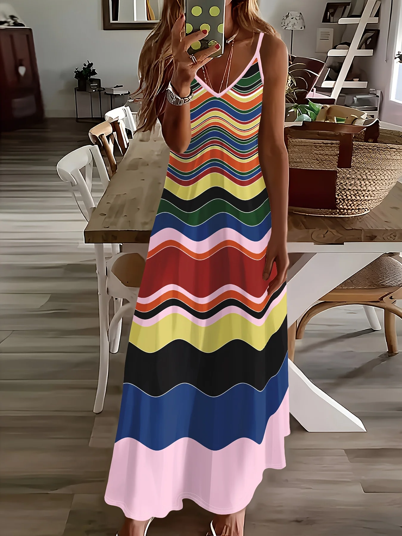 Robe nuisette imprimée à motif décontracté, motif vague de couleurs, entièrement imprimée