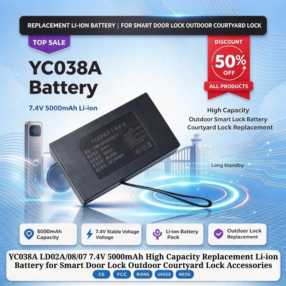 YC038A LD02A/08/07 7.4V 5000mAh High Capacity Replacement Li-ion Battery for Smart Door Lock Outdoor Courtyard Lock Accessories