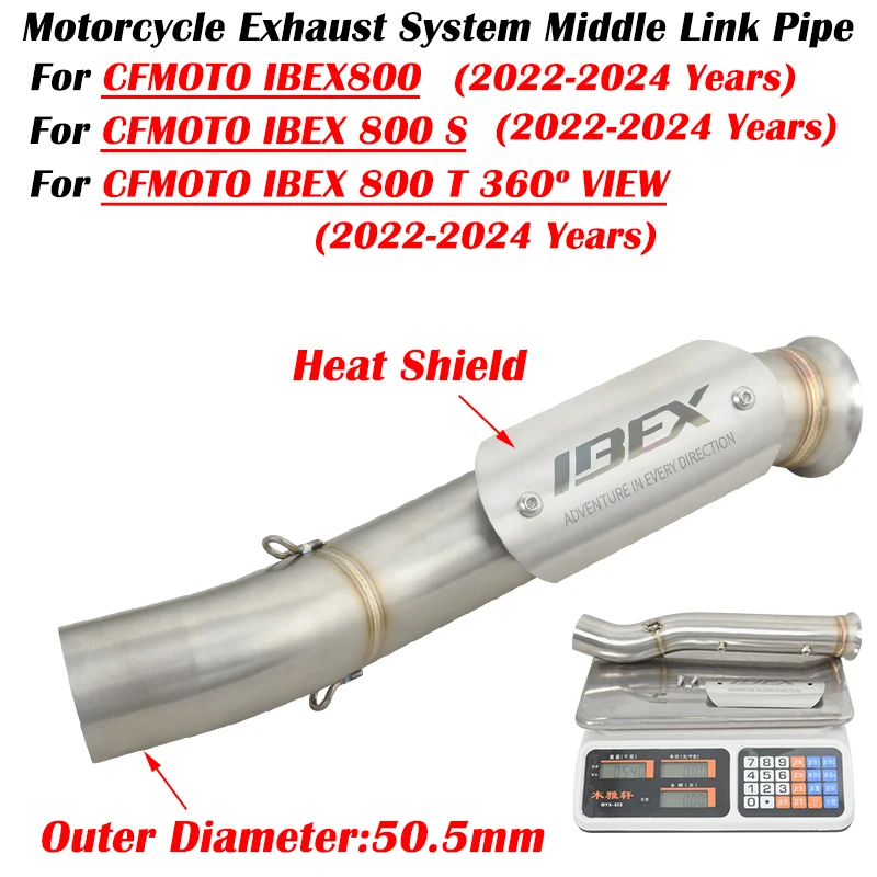 

For CFMOTO IBEX 800 S T 360º VIEW 2022 - 2024 Motorcycle Exhaust Escape System 51mm Muffler Middle Link Pipe With Heat Shield