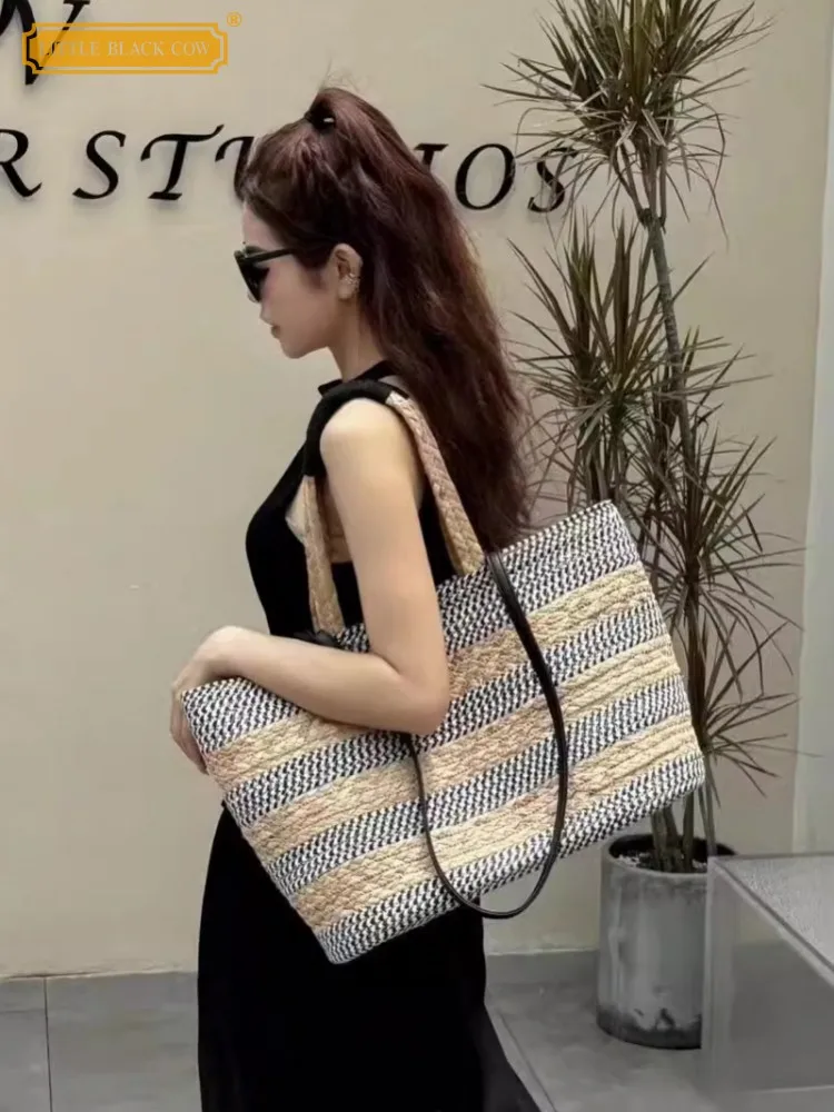 Summer Handmade Women Colors Panelled Striped Casual Totes Handbag Holiday Beach Straw Bag Large Capacity Ladies Shoulder Bag