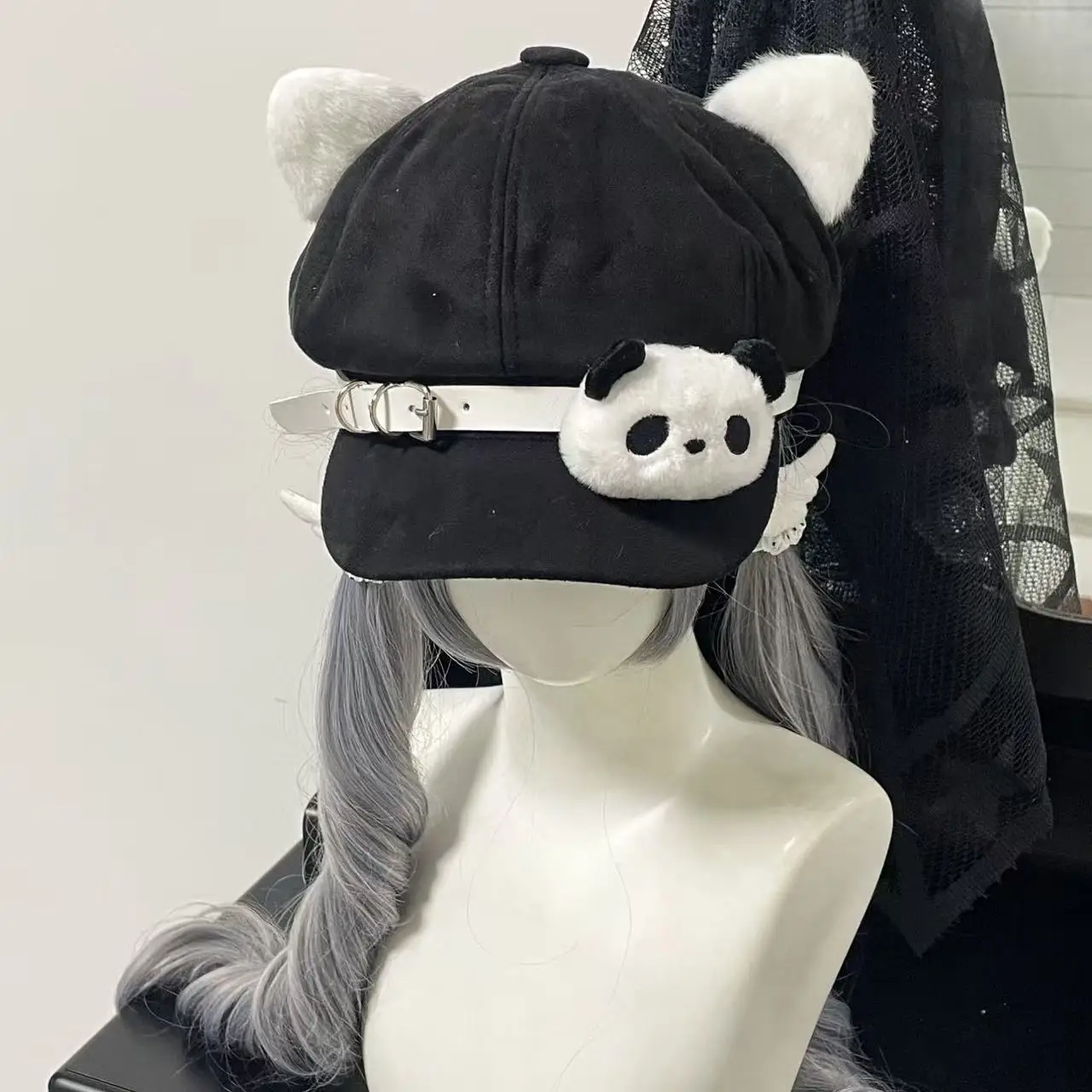Subculture Gothic Punk Fluffy Hat Scarf Panda Doll Bone Decoration Chain Caps Y2K Cute Girl Winter Warm Earflap Hat Streetwear