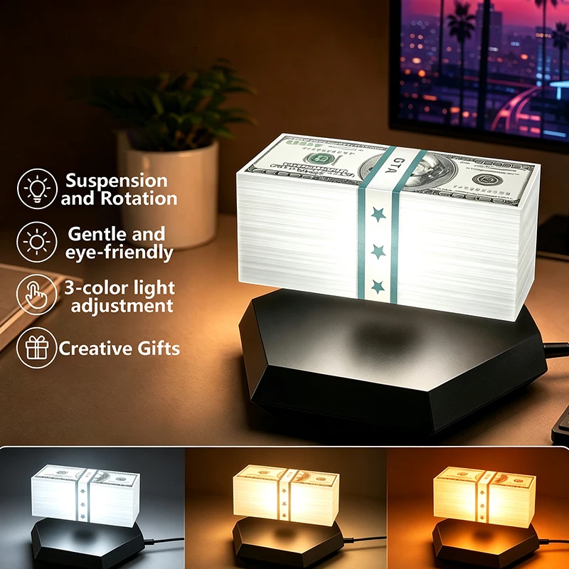Floating GTA Money Lamp 3-Color 3D Magnetic Levitation LED Night Light 360 Rotating Display Desk Decoration for Game Room Decor