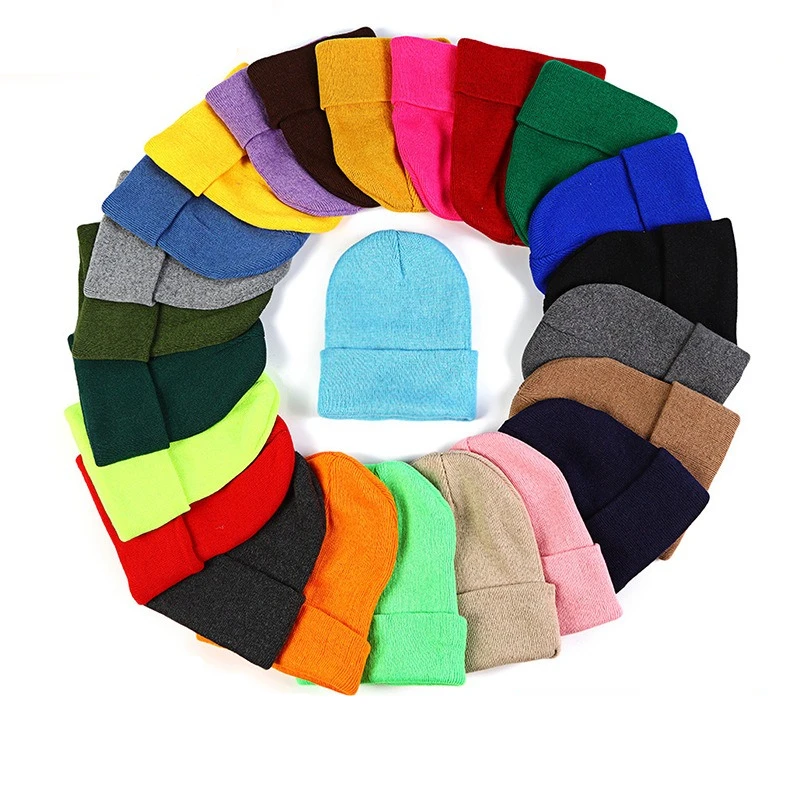 Unisex Plain Cuffed Knit Beanie Classic Solid‑Color Soft Stretch Skull Cap Simple Warm Winter Hat for Daily Outdoor Casual Wear