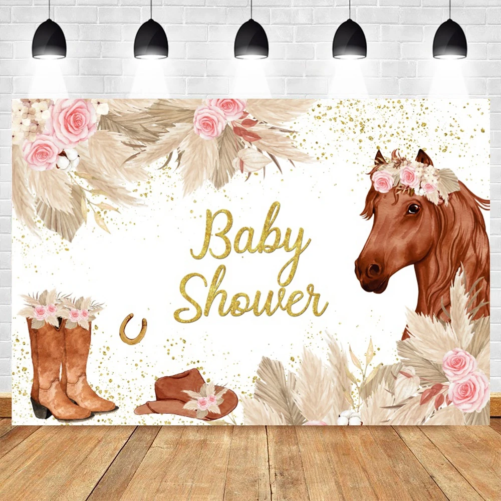ฉากหลังม้าคาวบอยที่มั่นคงทารกลายดอกไม้ได้ฝักบัวเด็กผู้หญิงเด็กผู้ชายวันเกิดปาร์ตี้การถ่ายภาพพื้นหลังตกแต่งแบนเนอร์อุปกรณ์สำหรับสตูดิโอถ่ายภาพ