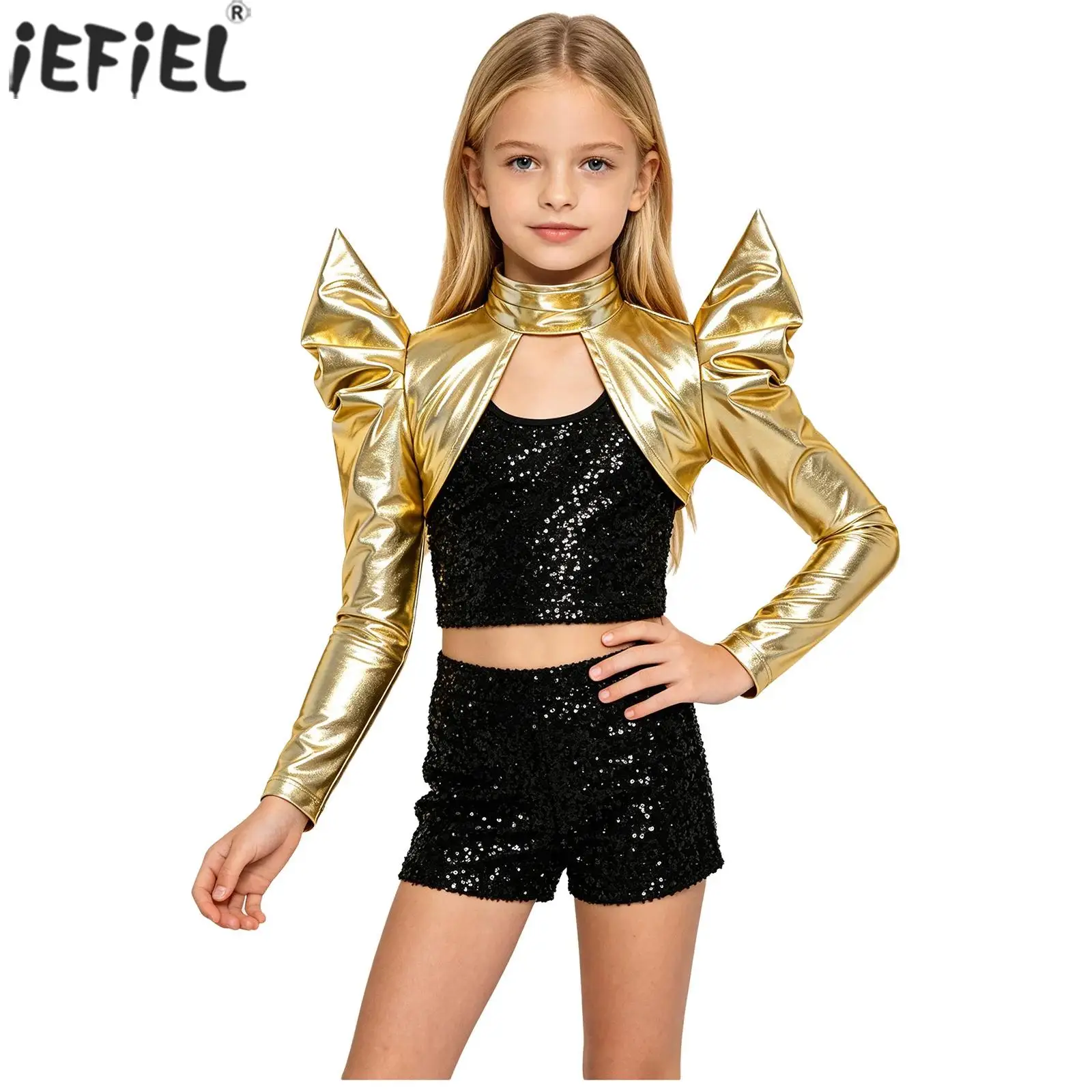 Kids Girls Gothic Metallic Shrug Shoulder Armor Long Sleeve Open Front Crop Top Epaulet Pauldron Halloween Theme Party Costume