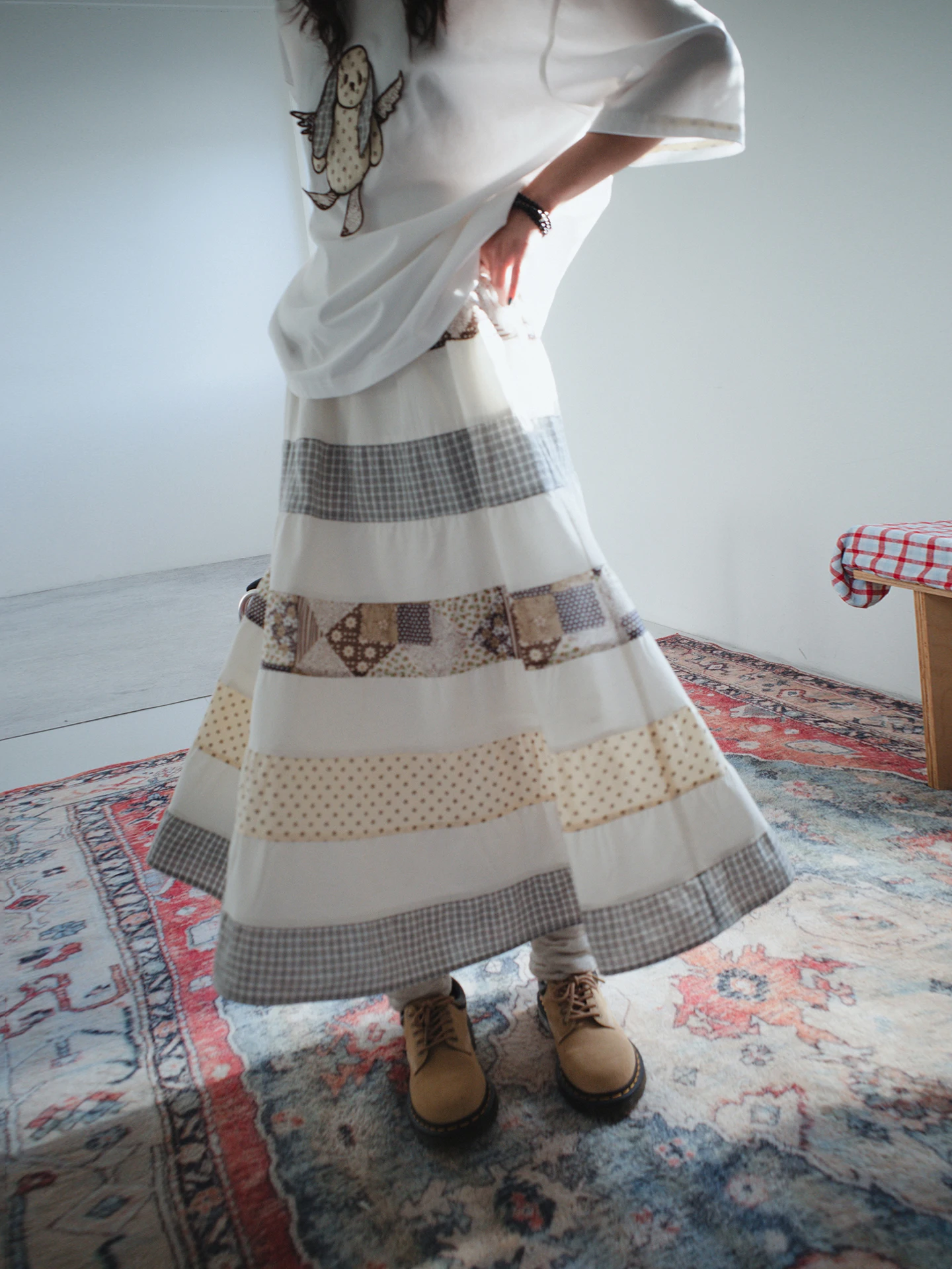 

Юбка А-силуэта с авторским пэчворк-дизайном, женская, весна-лето, свободная, с эластичной талией, в корейском стиле, дышащая, приятная для кожи