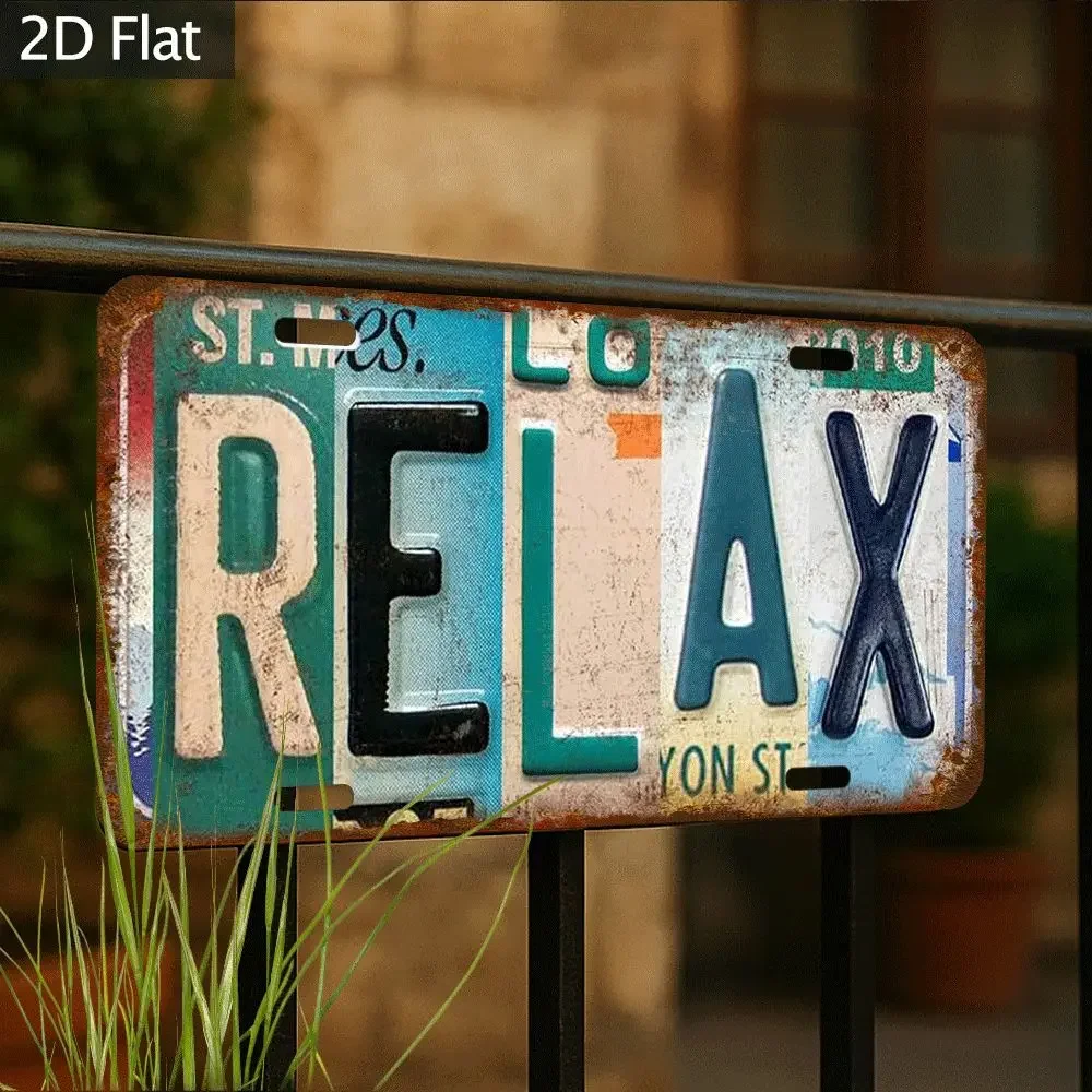 Vintage License Plate Style Metal Tin Sign RELAX Letter Collage Retro Rustic Car Tag Art 2D Flat Not 3D Distressed Wall Plaque Pre‑Drilled Holes Garage Bar Man Cave Home Wall Hanging Decor