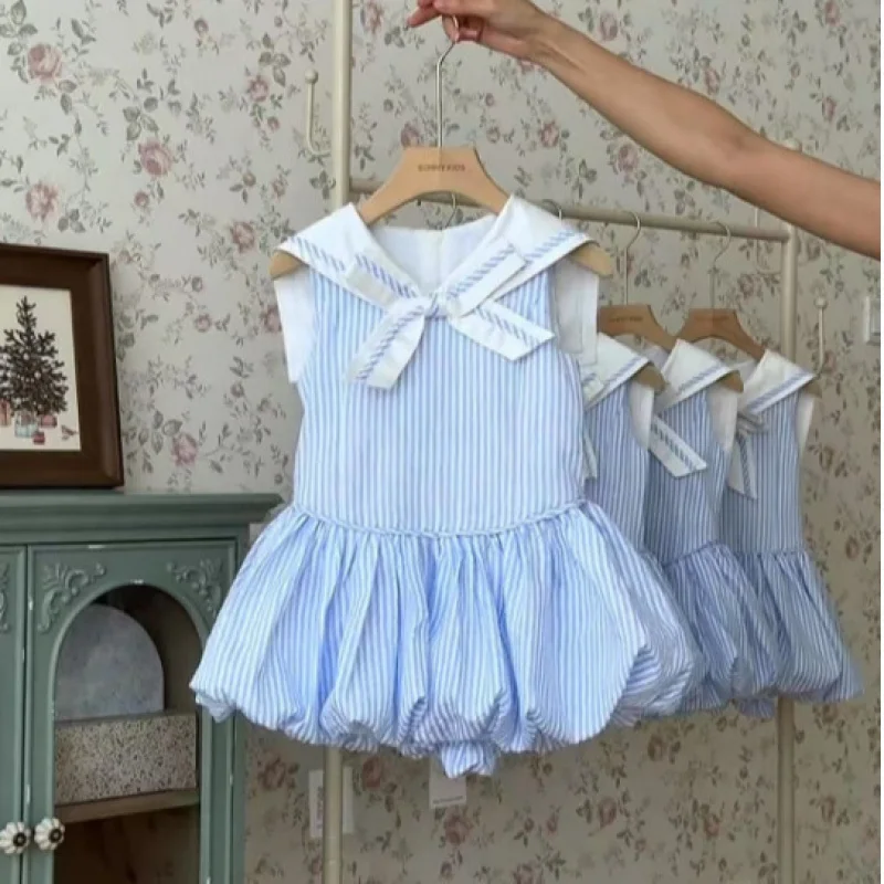 

Girls' French-style navy collar blue striped dress with a stylish design, slim fit, and floral skirtN222