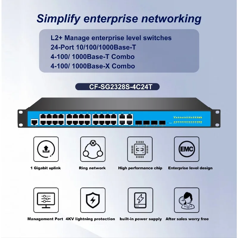 24-Port Management Network Switch with 4 Optical Multiplexing Combo Factory Direct Sales SNMP Function for Top Management