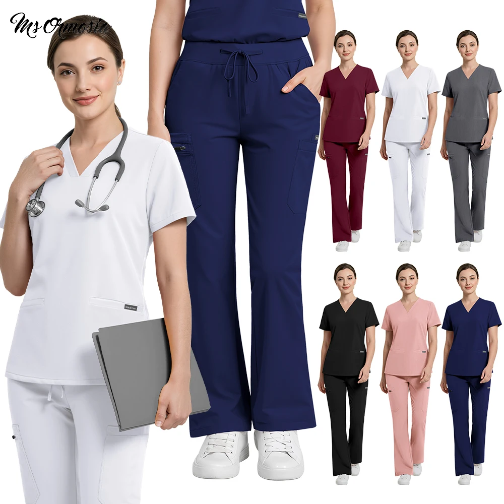 Women's Surgical Uniform Short Sleeve Scrubs Set Operating Room Workwear Nurse Clinical Suit Summer Beauty Pet Shop Work Clothes