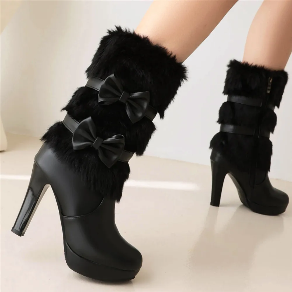 2024 Fashion Winter Womens High Heel Boots Pink White Black Fur Tassel Bowtie Lovely Lolita Ladies Zip Party Wedding Shoes 33-43