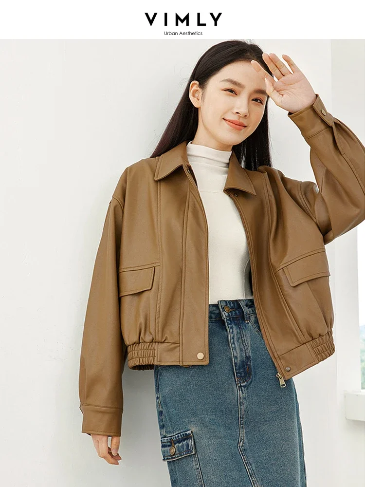 

Vimly Cropped Leather Jacket Women 2024 Spring Women's Moto Biker Jacket Loose Long Sleeve Zip Short Coat Female Clothes 16153