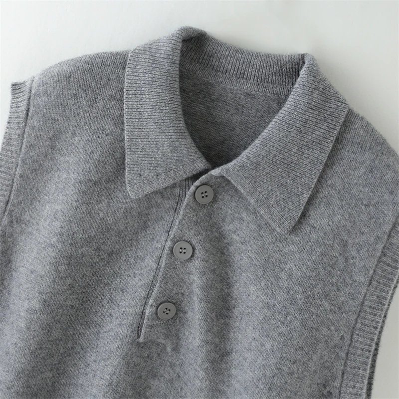 Black Polo Neck Half-Buckled Sleeveless Knitted Vest 100% Merino Wool Women's Retro Layering Fashion Shoulder Bared Sweater