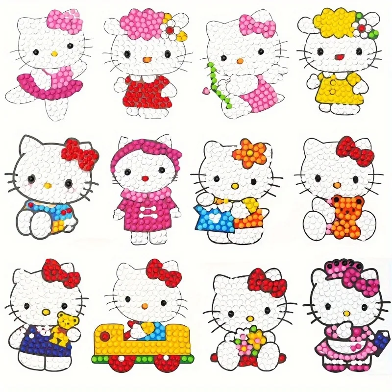 

12pcs Sanrio Hello Kitty 5D Diamond Painting Stickers Kits Cute Anime Theme Diamond Stickers Paint By Numbers Kit DIY Stickers