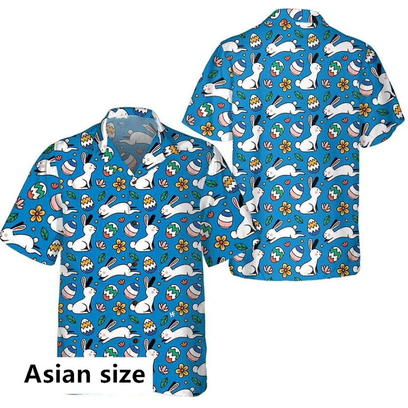 Happy Easter Day Hawaiian Mens Shirts Anime Bunny Eggs 3D Printed Beach Shirt Women Clothes Casual Daily Button Up Lapel Shirts