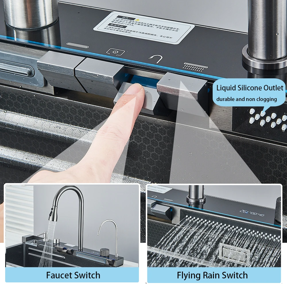 الذهب متعدد الوظائف المطبخ شلال بالوعة شاشة ديجيتال كبيرة واحدة بالوعة طبق حوض بالوعة 304 الفولاذ المقاوم للصدأ