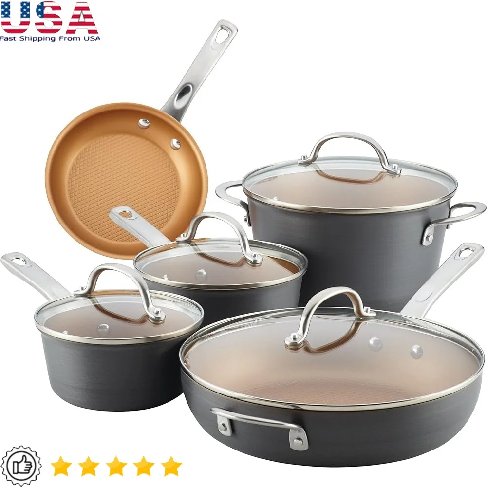 

Nonstick Cookware Pots Pans Set 9 Piece Hard Anodized Aluminum Cooking Essentials Double Riveted Handles Glass Lids Oven Safe