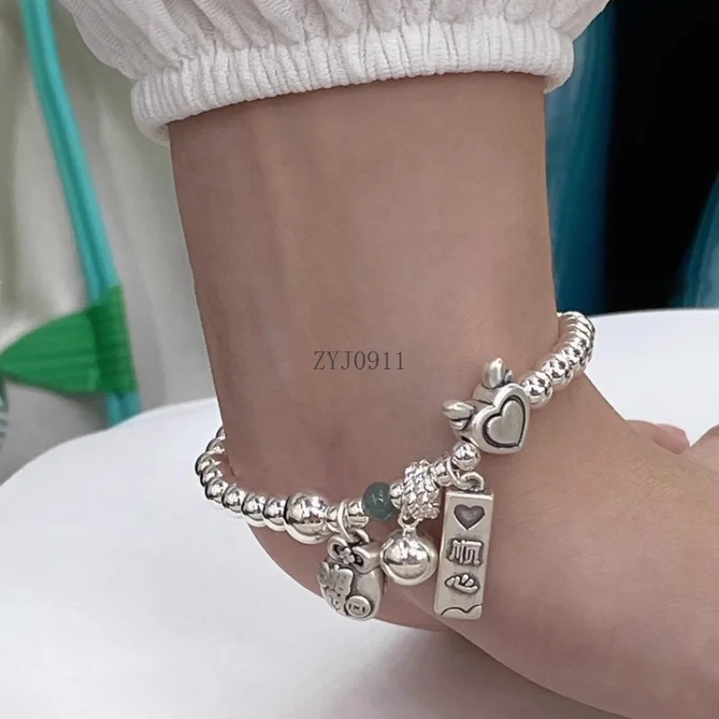 *Fashion Silver Color Love Heart Bead Bracelet for Women Girl 2024 New Simple Bamboo Joints Lucky Wing Ethnic Jewelry Gift