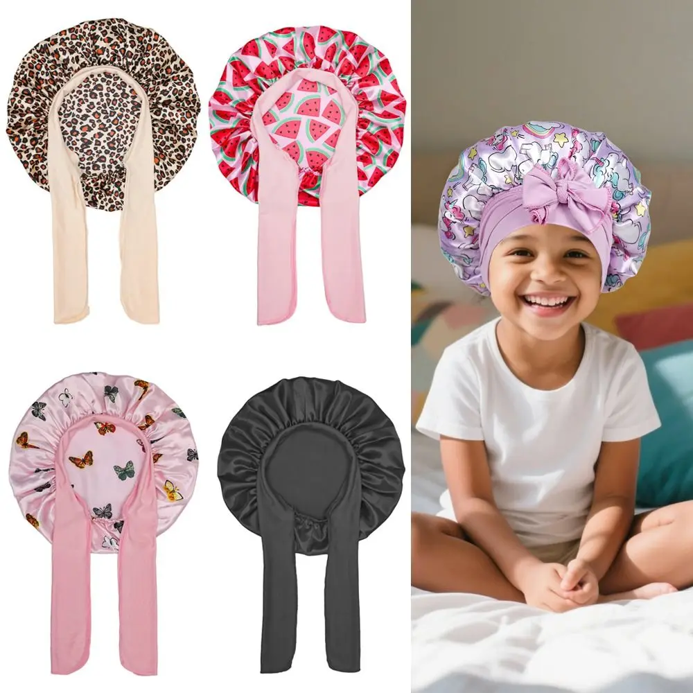 Tie Band Satin Bonnet Wide Band Adjustable Elastic Hair Protection Bonnet Printed Design Frizz Reduction Silk Sleeping Cap