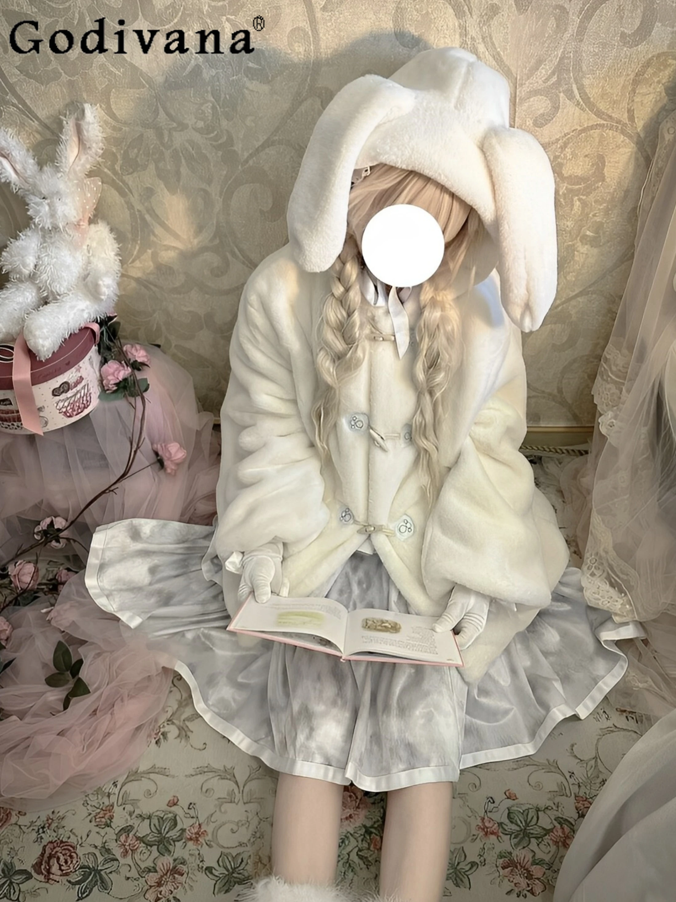 

2025 Winter New Cartoon Bunny Ears Lolita Plush Coat for Female Students Japanese Cute Dol Style Hooded Thickened Cotton Jacket