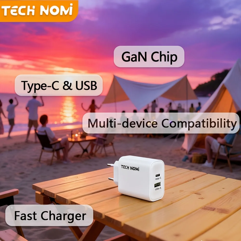 

Tech Nomi 20W USB Type-C Wall Charger European Plug Mobile Phone Fast Charger GaN Technology Compact Size for Travel