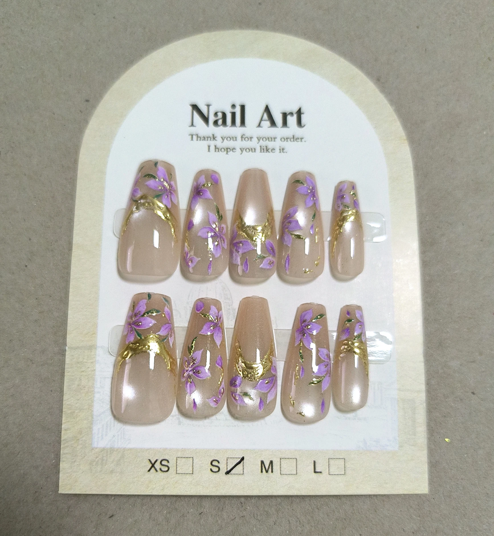

10pcs Handmade Gold Lines French Press On Nails Flowers Decor Fake Nails Wearable Full Cover Long Coffin Woman False Nail Tips