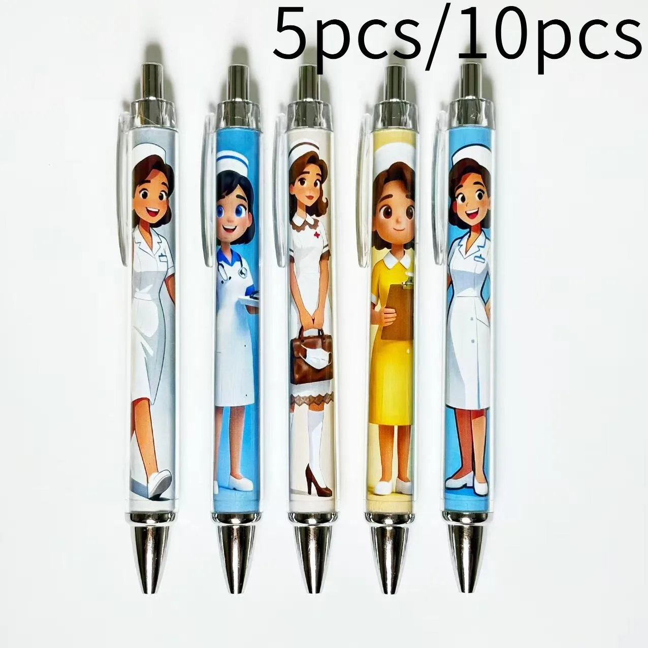 5pcs/10pcs Creative Female Nurse Theme Ballpoint Pens, Medical Series Click Pens, Student Writing Gift Pens