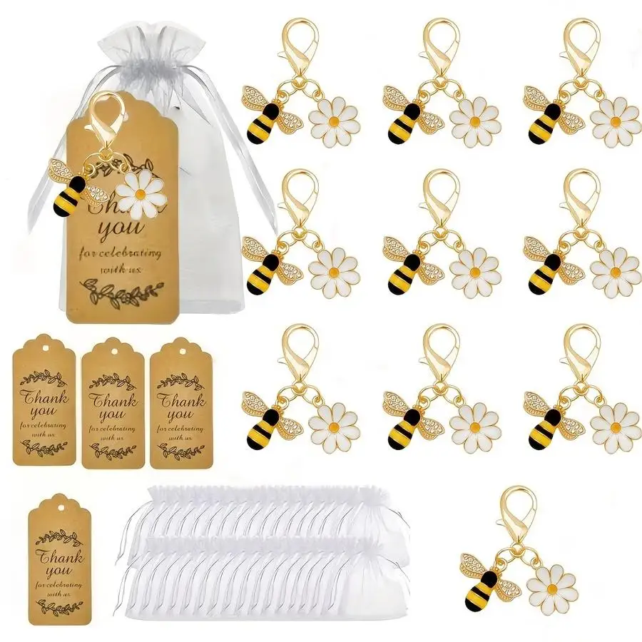 1/5/10/20/50/100pcs 36-Piece Bee and Daisy Keychain Set—Gift for Her/Him: 12 Bee Keychains + 12 Cards + 12 Gift Bags, Party Favo