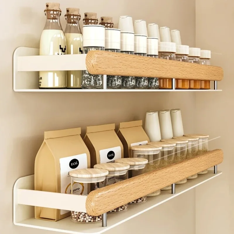 

Rustic Wall-Mounted Kitchen Organizer Spice Rack Shelf with No Drill Installation Multi-Purpose Wooden Storage Countertop&Pantry