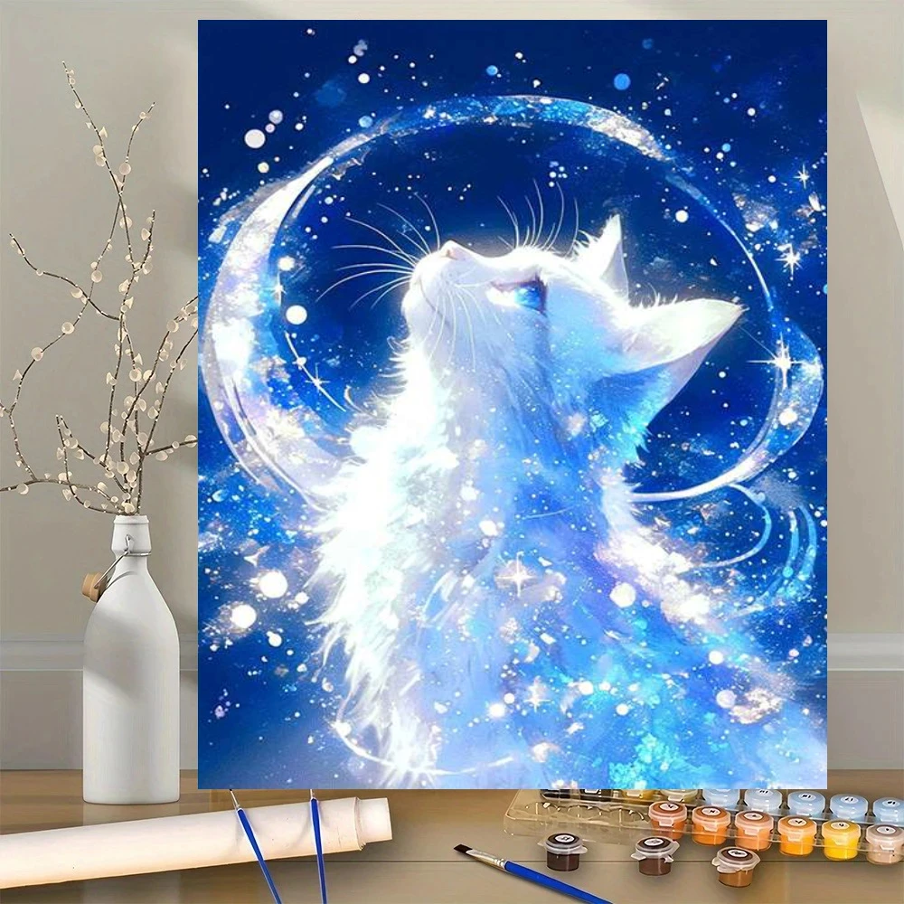 Acrylic Paint By Numbers Starry White Cat Oil Painting Package Art Picture For Bedroom Wall Adults Hand Painted Unique Gift