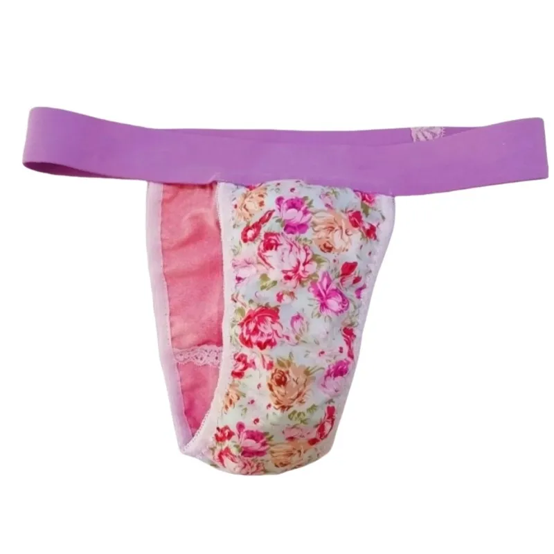 Men's Sexy T-briefs Women's Floral Knicker Double Layer Cotton T-back Elastic Thong Low Waisted Panties Dance Costume FKK Party