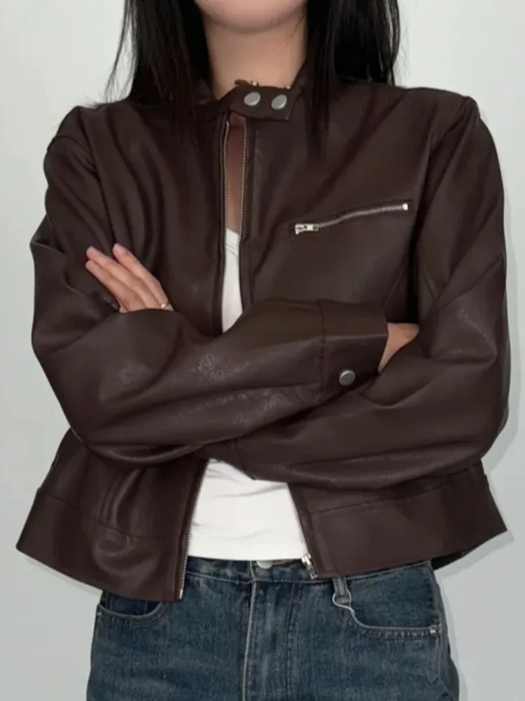 معطف Sli Retro Biker Leather Jaet Long Sve f بياقة عالية وسحاب متعدد الاستخدامات وياقة واقفة للدراجات النارية للنساء #2