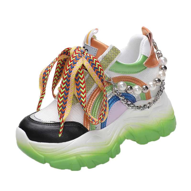 Kobiety Chunky Sneakers wysoka podeszwa oddychające buty z siatką 2022 damskie kliny obuwie dla kobiety skórzane sportowe buty dla taty 8CM