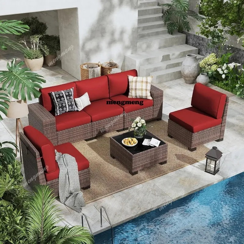 6 Piece Patio Furniture Set, Outdoor Furniture with Thick Cushions, Black Wicker Conversation Set Sectional Sofa, Customized