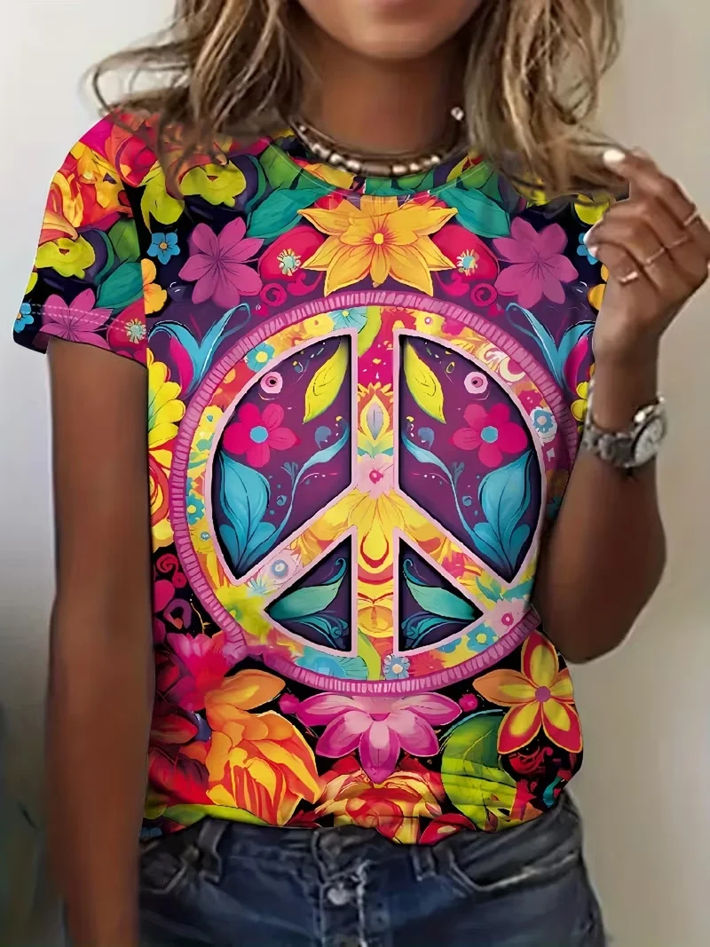 2026 delle nuove donne Hippie retrò simbolo della pace stampa completa T-shirt colore graffiti fiore allentato manica corta Top primavera/estate edizione