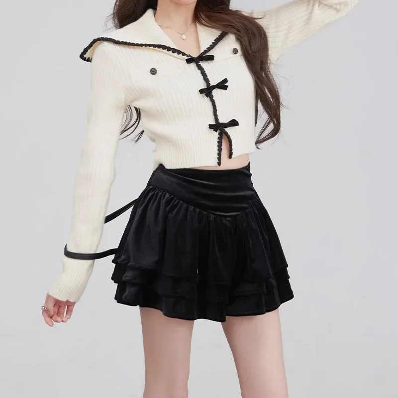 Y2k Cardigan Women College Sweet Girls Age-reducing Sailor Collar Crop Bow Knitted Sweaters Long Sleeve Tops Cozy Korean Trendy