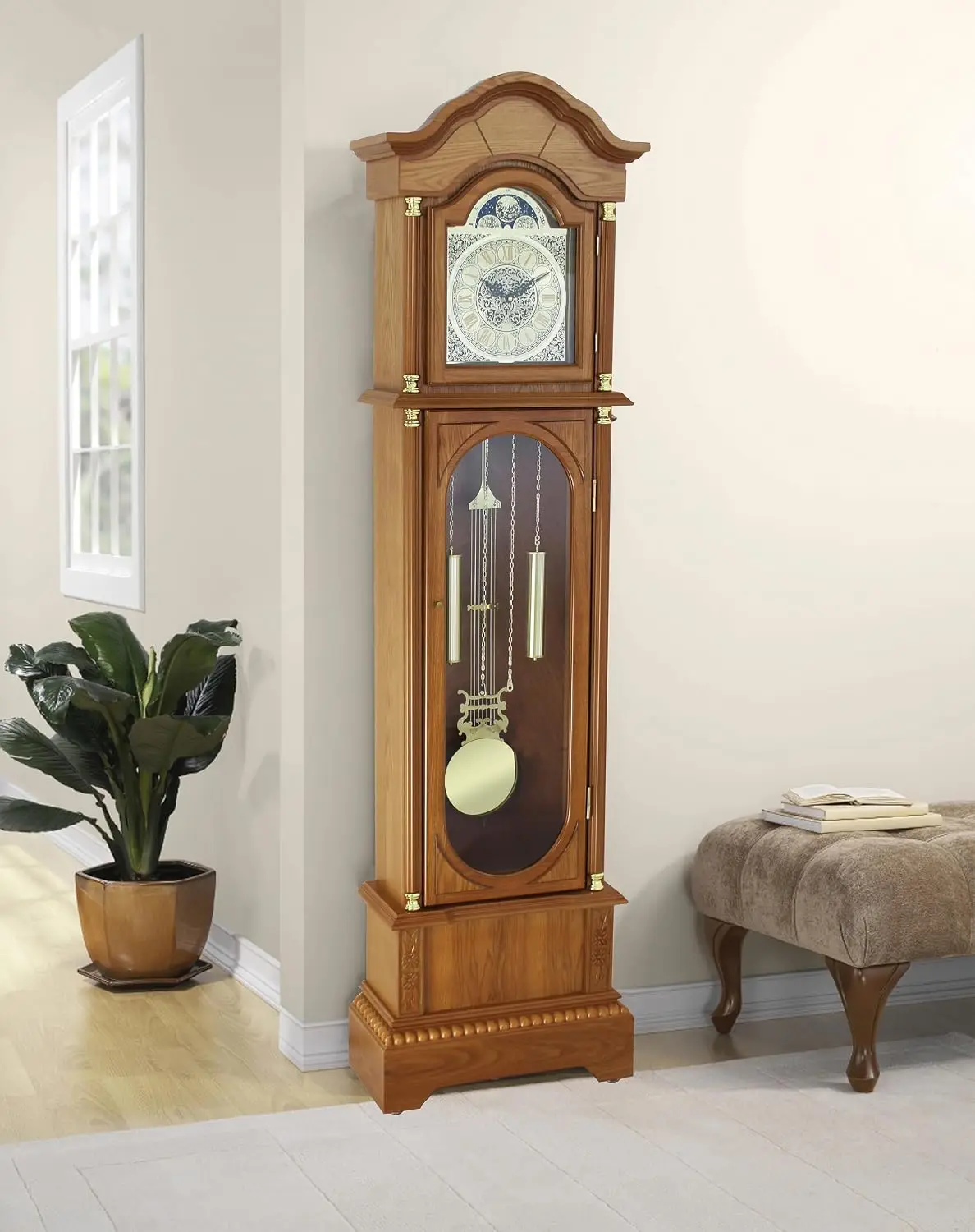 Traditional Floor Standing Grandfather Clock, 72-inch, Oak Finish, Metal Dial with Roman Numerals, Westminster Chime, 19.25W x 7