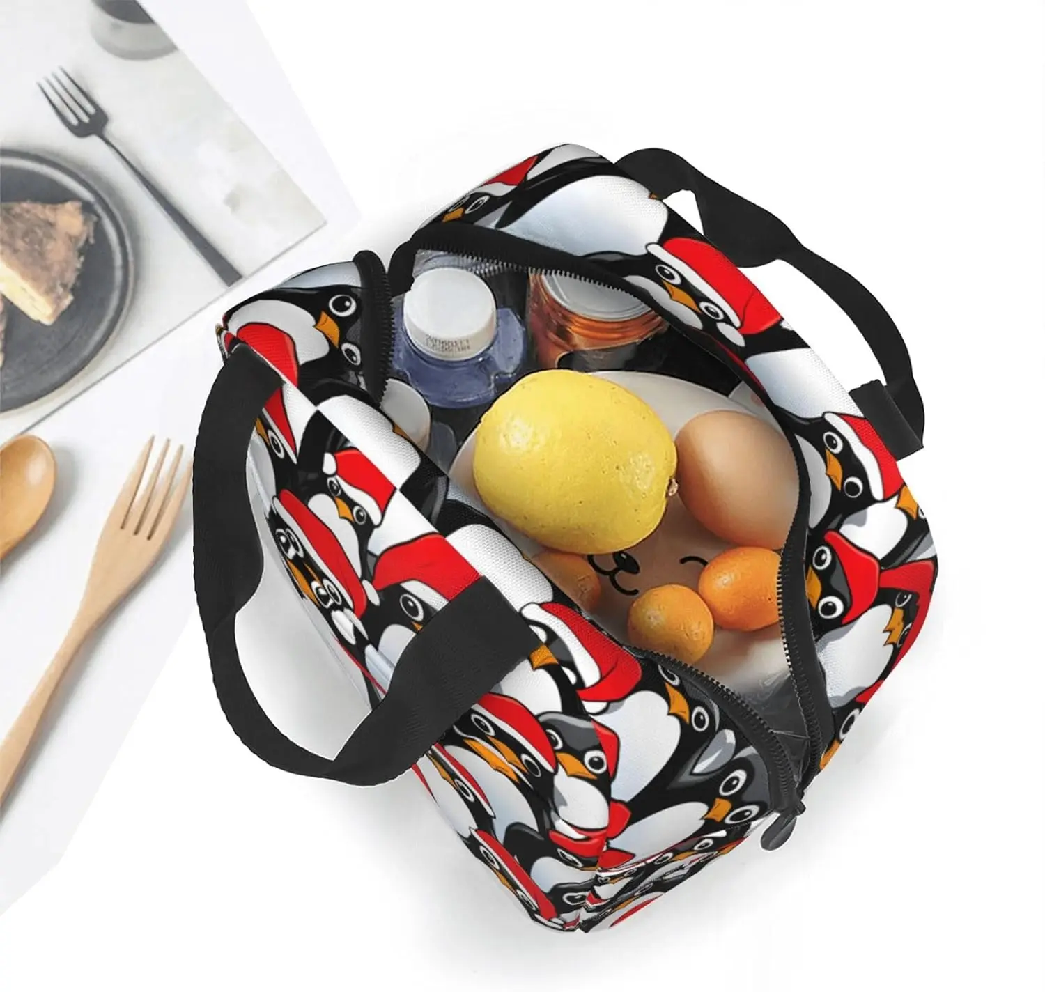 حقيبة غداء معزولة مطبوعة على شكل بطاريق عيد الميلاد، صندوق غداء قابل لإعادة الاستخدام مع جيب أمامي للعمل والنزهات والمكتب والسفر على الشاطئ #6