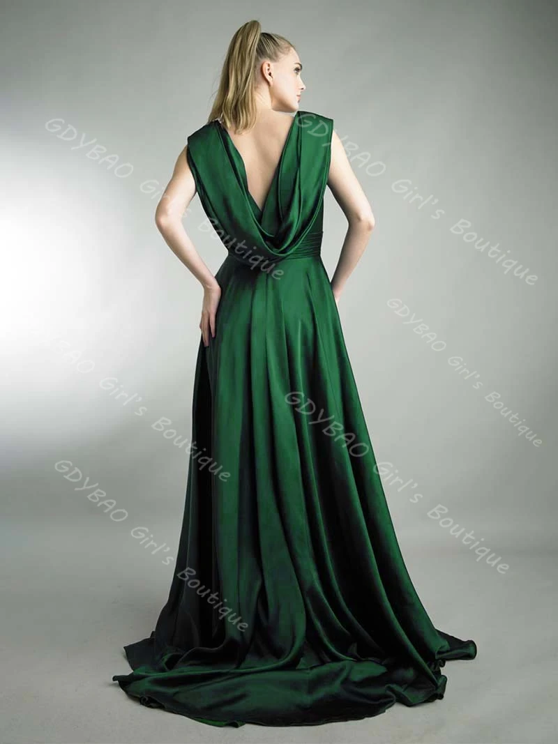 ชุดราตรีผ้าซาตินจับจีบหรูหราสำหรับผู้หญิง คอวีคู่ ผ้าคลุมหลัง ชุดออกงานพร้อมชายกระโปรงผ่าแบบแปรง สามารถสั่งตัดได้