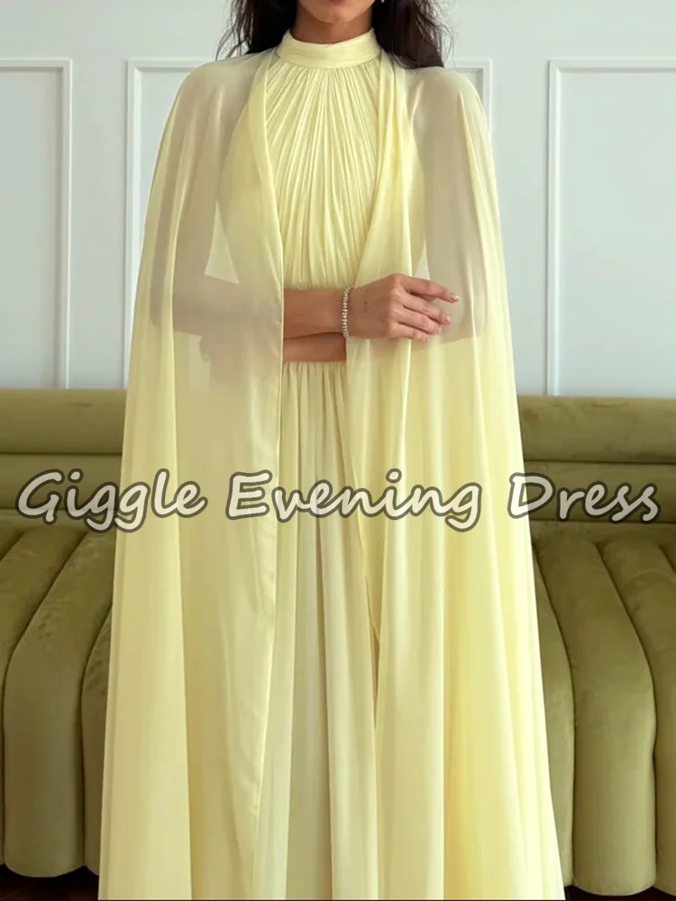 Giggle Stilvolle, schlichte, gelbe, plissierte Ballkleider, fließende Cape-Ärmel, elegante Abendkleider aus Chiffon für Damen, individuell gestaltet