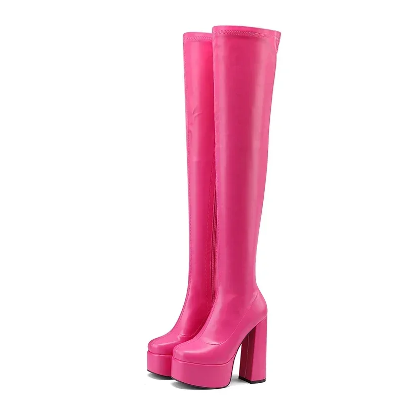 Sexy Rosy Women Platform Thigh High Boots Red Black High Thick Heel Party Club Lady Winter Square Toe Zipper Over the Knee Boots