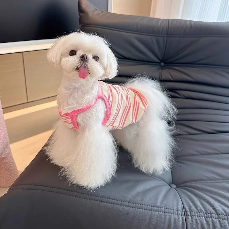 

Maltese Pink Striped Sling Dog Summer Clothes Sun Protection Small Dog Vest Teddy Breathable T-Shirt