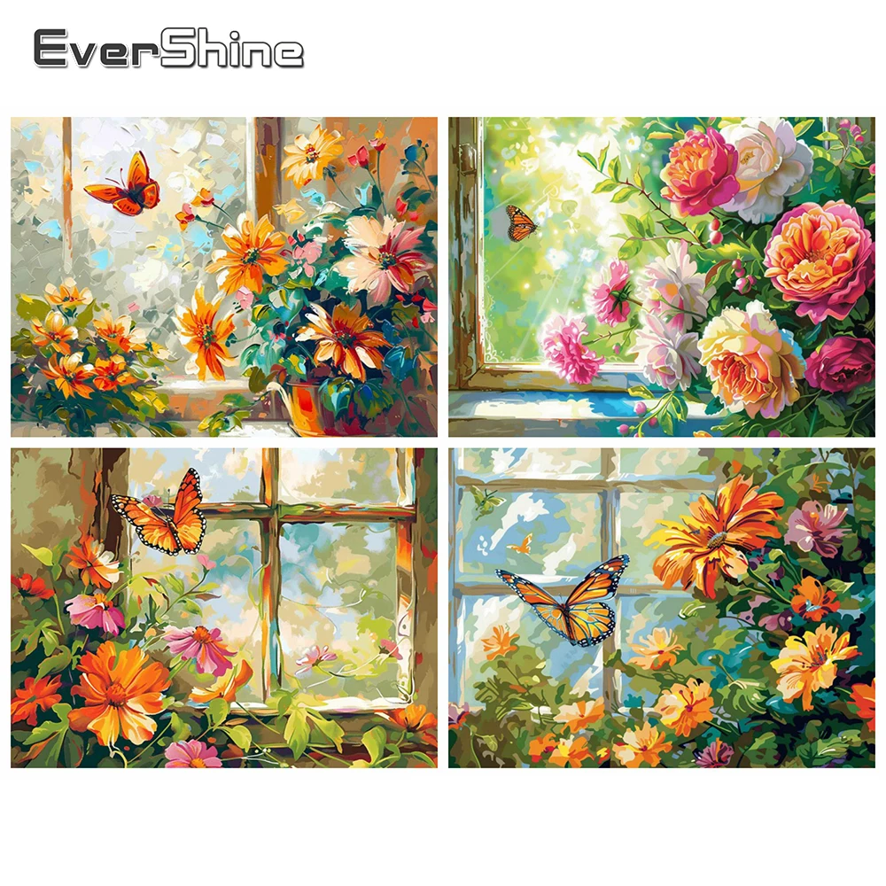 Evershine DIY 4 Stück Ölgemälde nach Zahlen, Blume, Pfingstrose, ohne Rahmen, Schmetterling, Bilder nach Zahlen, Fenster-Leinwand-Sets, handgefertigt, Hobby